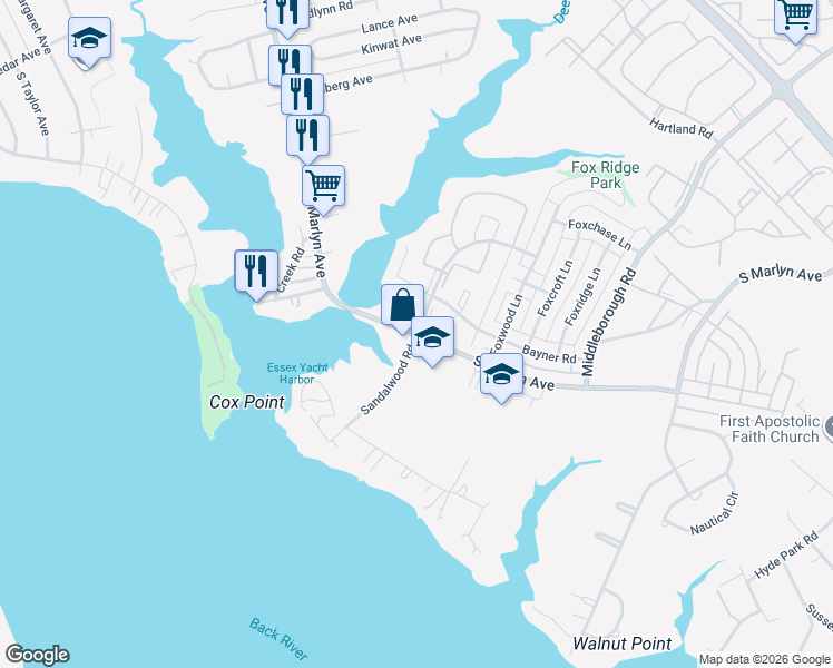 map of restaurants, bars, coffee shops, grocery stores, and more near S Marlyn Ave & Sandalwood Rd in Essex