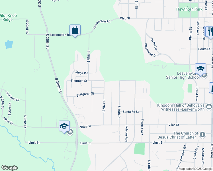 map of restaurants, bars, coffee shops, grocery stores, and more near 2105 South 17th Street in Leavenworth