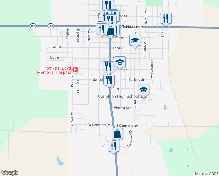 map of restaurants, bars, coffee shops, grocery stores, and more near 899 5th Street in Carrollton