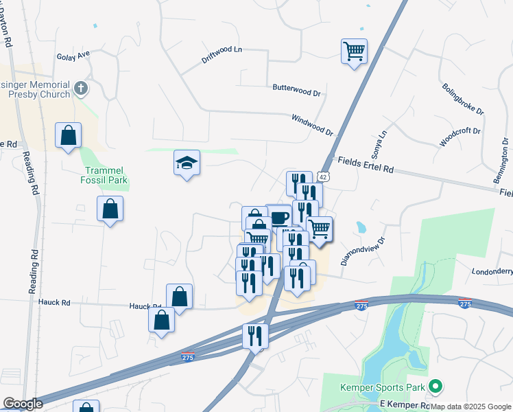 map of restaurants, bars, coffee shops, grocery stores, and more near 12130 Dorset Drive in Sharonville
