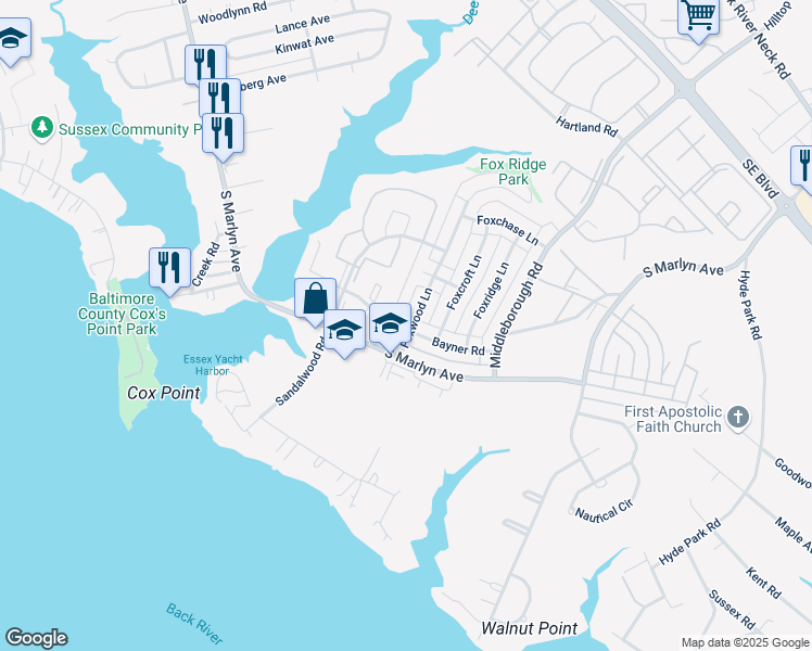 map of restaurants, bars, coffee shops, grocery stores, and more near 953 Bayner Road in Essex