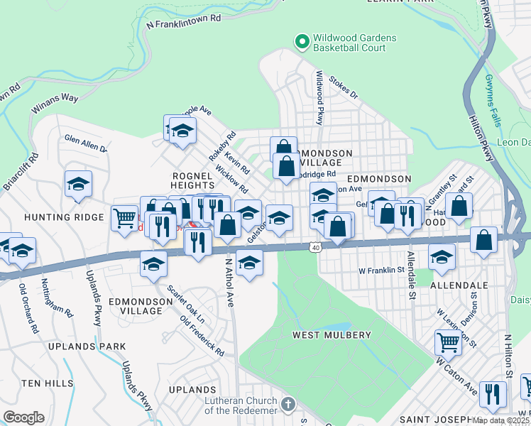 map of restaurants, bars, coffee shops, grocery stores, and more near 704 Wicklow Road in Baltimore