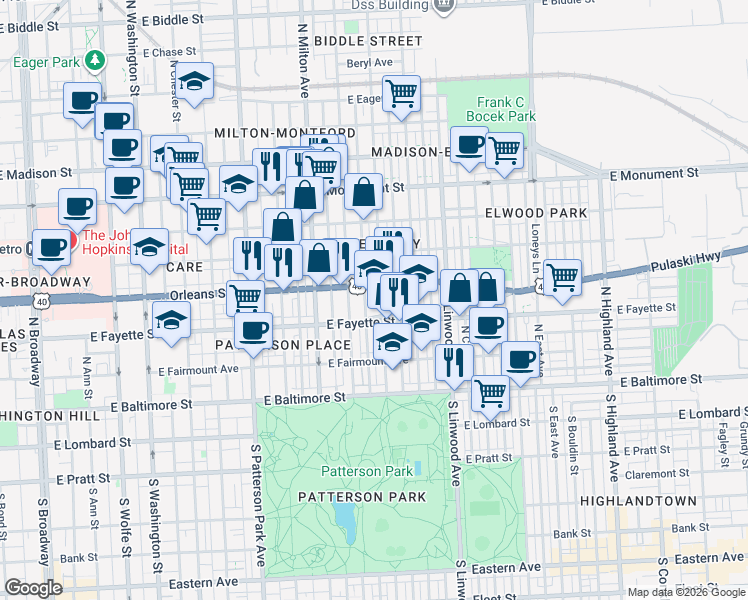 map of restaurants, bars, coffee shops, grocery stores, and more near 200 North Lakewood Avenue in Baltimore