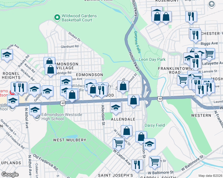 map of restaurants, bars, coffee shops, grocery stores, and more near Harlem Avenue in Baltimore