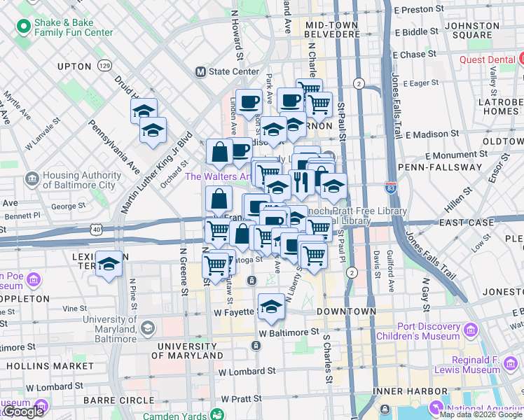 map of restaurants, bars, coffee shops, grocery stores, and more near 500 Park Avenue in Baltimore