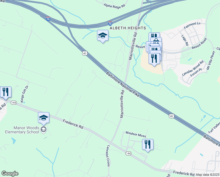 map of restaurants, bars, coffee shops, grocery stores, and more near 2816 Marriottsville Road in Marriottsville