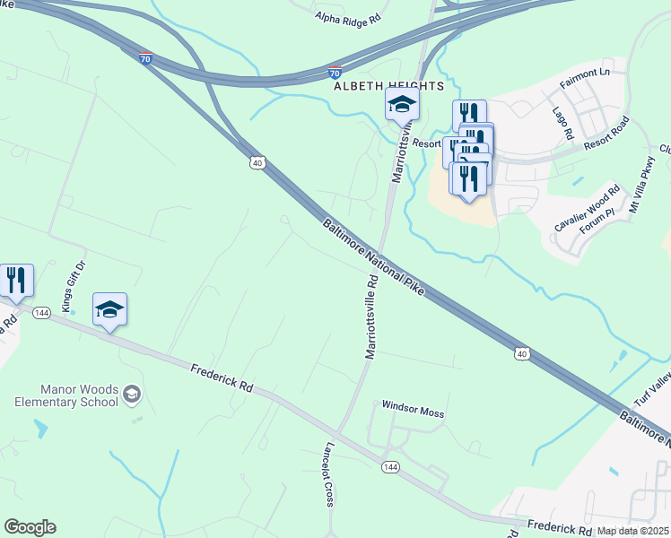 map of restaurants, bars, coffee shops, grocery stores, and more near 2816 Marriottsville Road in Marriottsville