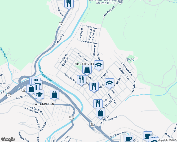 map of restaurants, bars, coffee shops, grocery stores, and more near 1309 North 21st Street in Clarksburg