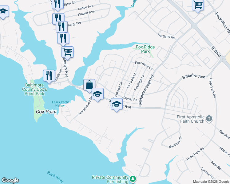 map of restaurants, bars, coffee shops, grocery stores, and more near 951 Bayner Road in Essex