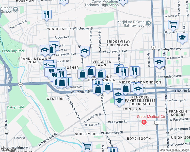 map of restaurants, bars, coffee shops, grocery stores, and more near 2535 Arunah Avenue in Baltimore