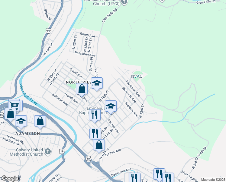 map of restaurants, bars, coffee shops, grocery stores, and more near 1716 Henderson Ave in Clarksburg