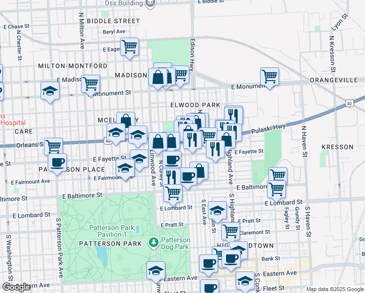 map of restaurants, bars, coffee shops, grocery stores, and more near 226 North Ellwood Avenue in Baltimore