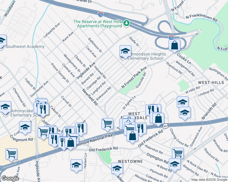 map of restaurants, bars, coffee shops, grocery stores, and more near 1102 Harwall Road in Baltimore