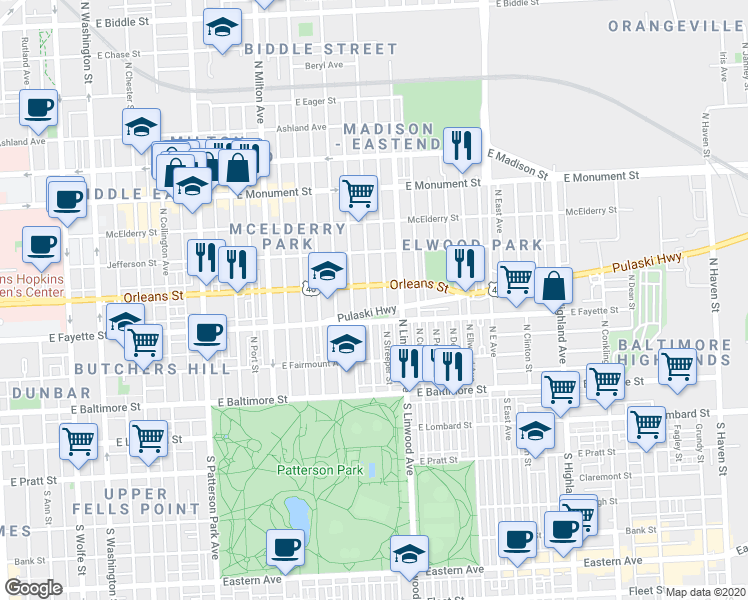map of restaurants, bars, coffee shops, grocery stores, and more near 215 North Kenwood Avenue in Baltimore