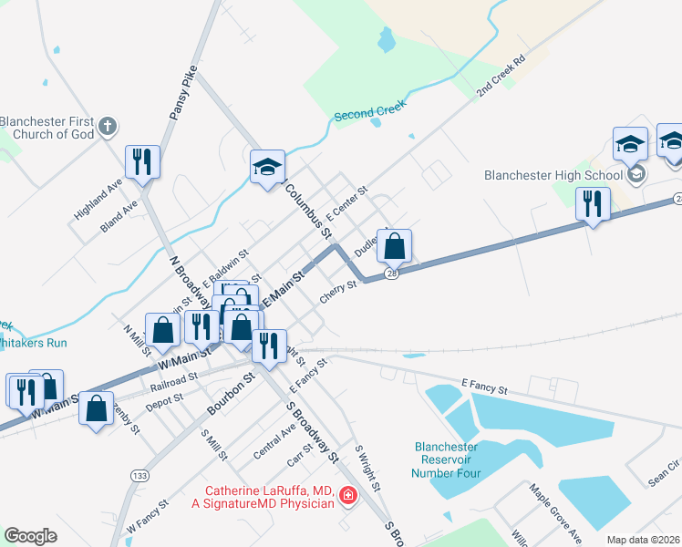 map of restaurants, bars, coffee shops, grocery stores, and more near 407 Dudley Street in Blanchester