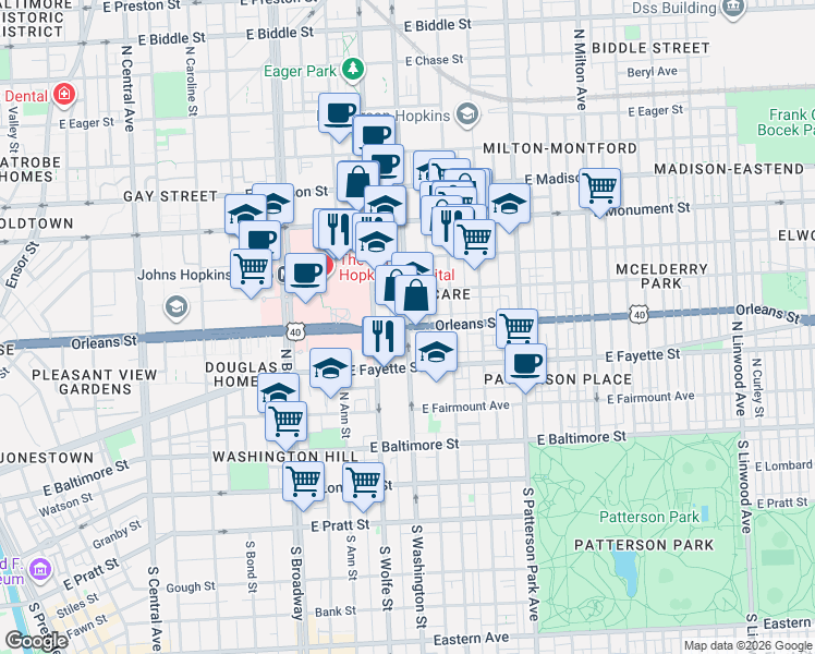 map of restaurants, bars, coffee shops, grocery stores, and more near Orleans Street & North Washington Street in Baltimore