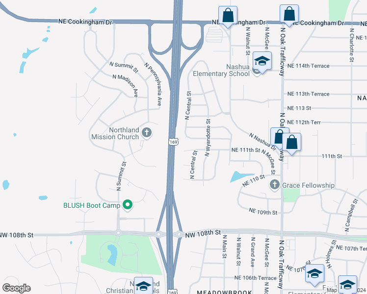 map of restaurants, bars, coffee shops, grocery stores, and more near 316 Northwest 111 Street in Kansas City