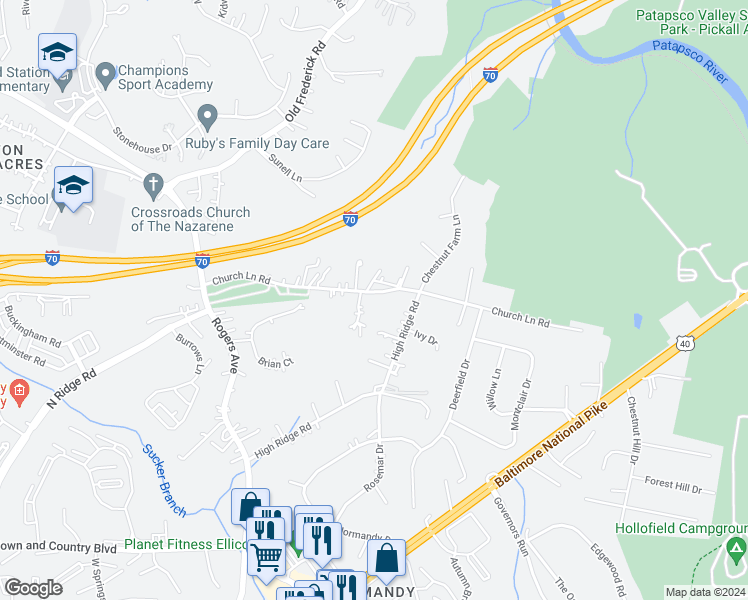 map of restaurants, bars, coffee shops, grocery stores, and more near 8415 Church Lane Road in Ellicott City