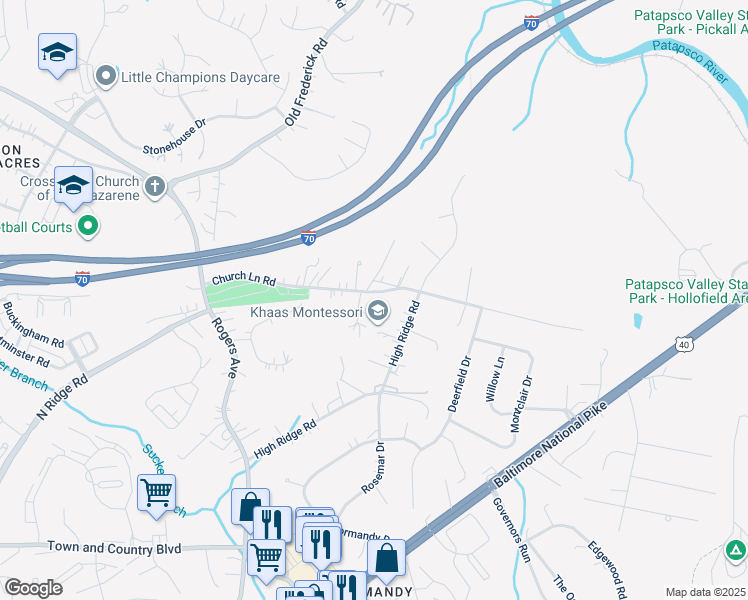 map of restaurants, bars, coffee shops, grocery stores, and more near 8415 Church Lane Road in Ellicott City