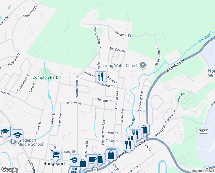 map of restaurants, bars, coffee shops, grocery stores, and more near 642 Pennsylvania Avenue in Bridgeport
