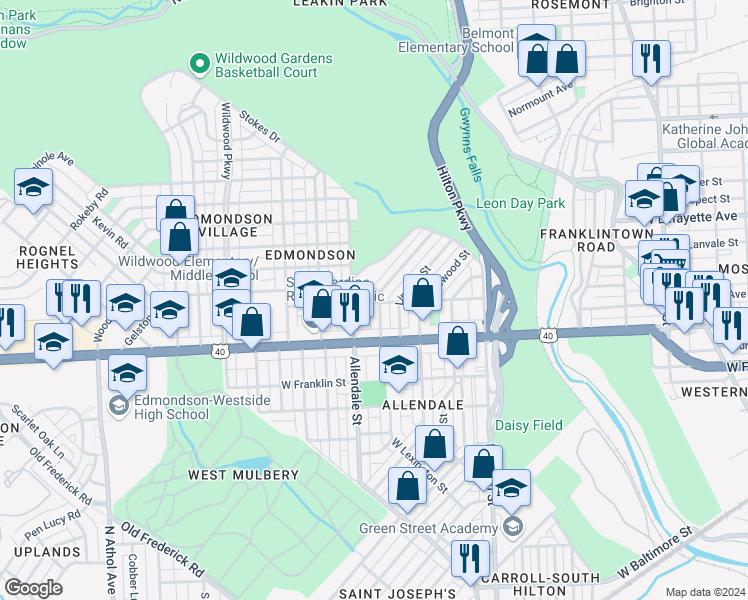 map of restaurants, bars, coffee shops, grocery stores, and more near 700 North Grantley Street in Baltimore
