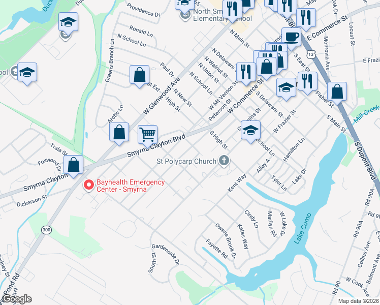 map of restaurants, bars, coffee shops, grocery stores, and more near 511 West Commerce Street in Smyrna