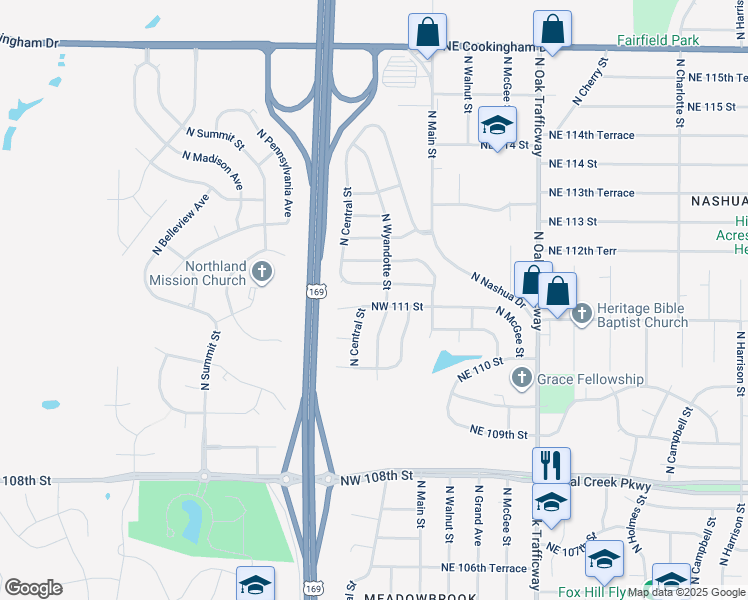 map of restaurants, bars, coffee shops, grocery stores, and more near 202 Northwest 111 Street in Kansas City