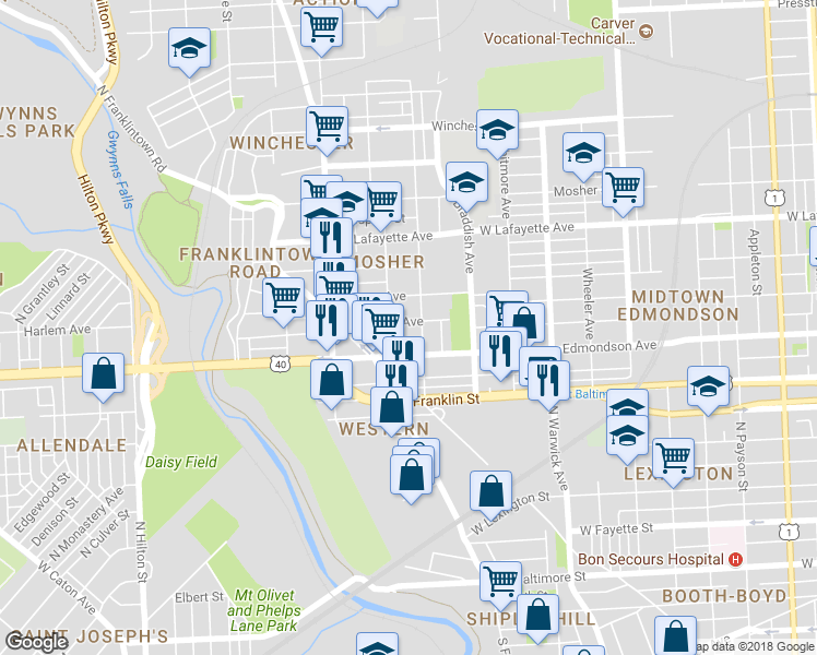 map of restaurants, bars, coffee shops, grocery stores, and more near 2717 Harlem Avenue in Baltimore