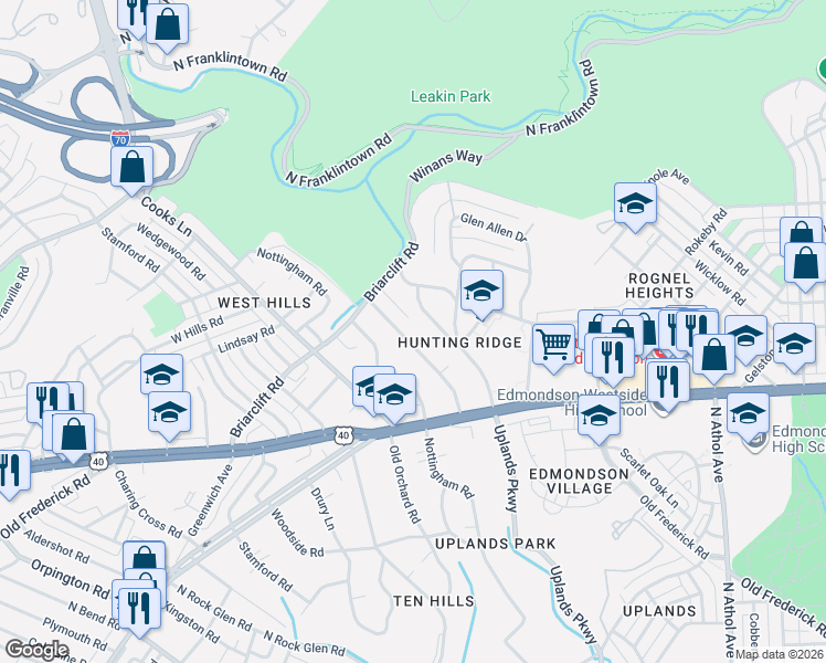 map of restaurants, bars, coffee shops, grocery stores, and more near 713 Brookwood Road in Baltimore