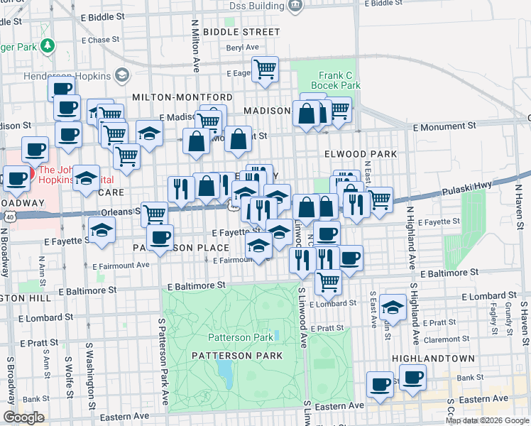 map of restaurants, bars, coffee shops, grocery stores, and more near 215 North Belnord Avenue in Baltimore