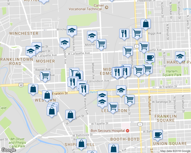 map of restaurants, bars, coffee shops, grocery stores, and more near 2325 Arunah Avenue in Baltimore