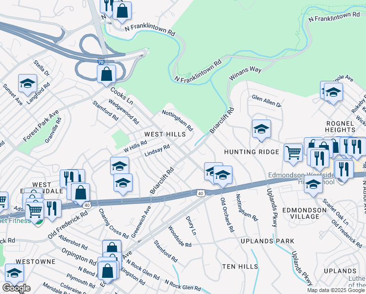 map of restaurants, bars, coffee shops, grocery stores, and more near 4825 Westpark Way in Baltimore