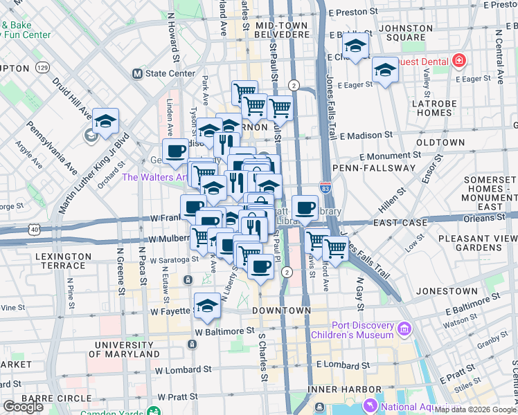 map of restaurants, bars, coffee shops, grocery stores, and more near 503 North Charles Street in Baltimore