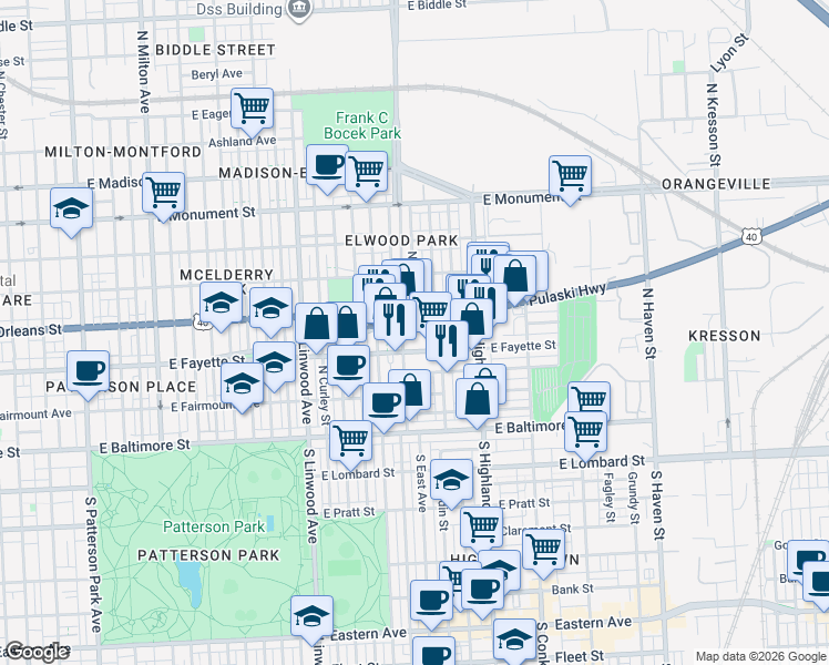 map of restaurants, bars, coffee shops, grocery stores, and more near 3215 Pulaski Hwy in Baltimore