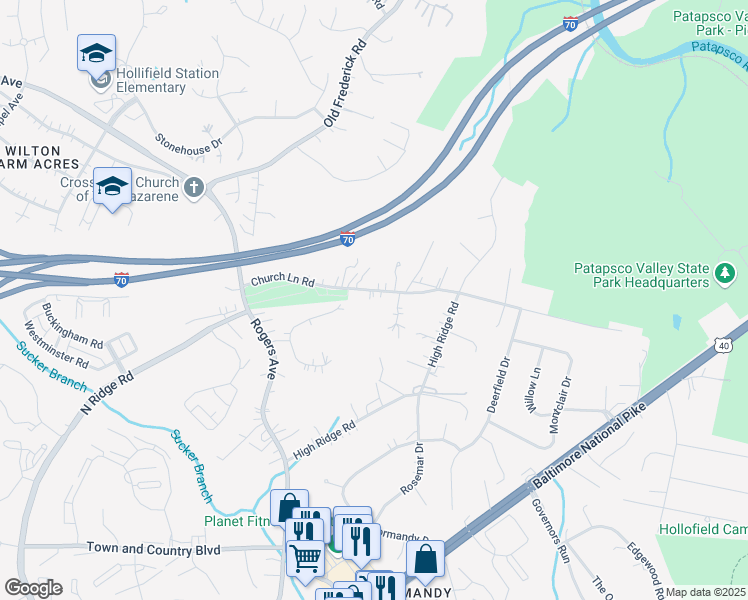map of restaurants, bars, coffee shops, grocery stores, and more near 8453 Church Lane Road in Ellicott City