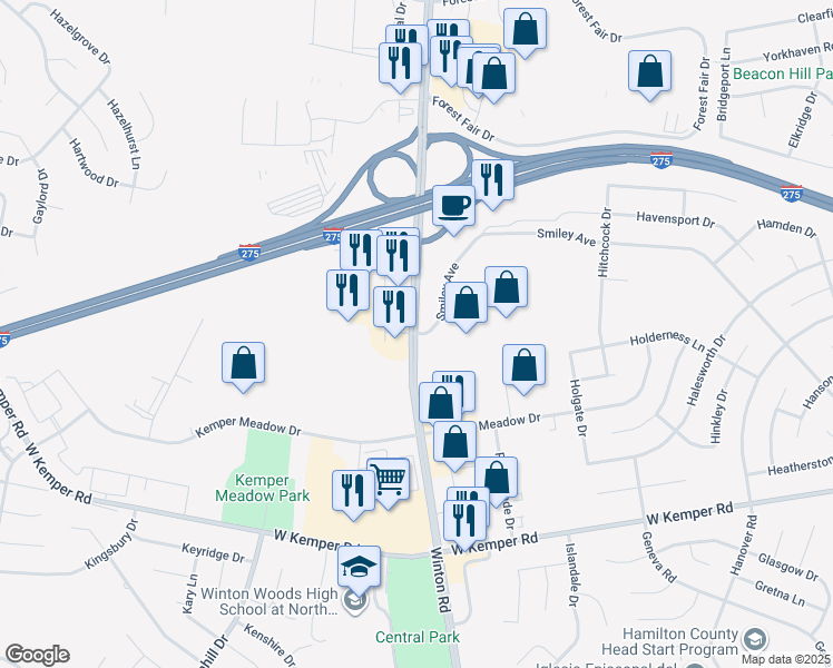 map of restaurants, bars, coffee shops, grocery stores, and more near 1180 Smiley Avenue in Cincinnati