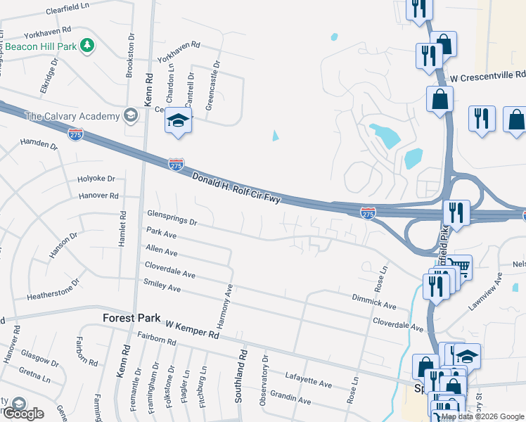 map of restaurants, bars, coffee shops, grocery stores, and more near 11839 Ashmore Court in Cincinnati