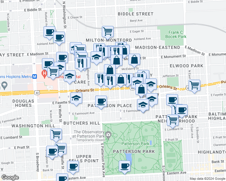map of restaurants, bars, coffee shops, grocery stores, and more near 2403 Orleans Street in Baltimore