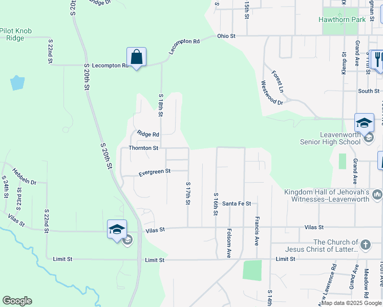 map of restaurants, bars, coffee shops, grocery stores, and more near 2105 South 17th Street in Leavenworth