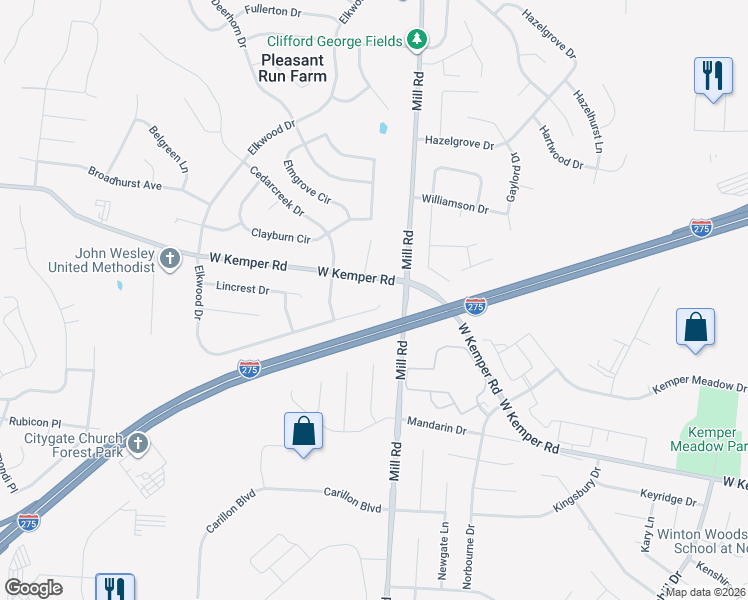 map of restaurants, bars, coffee shops, grocery stores, and more near 11624 Elkwood Drive in Cincinnati