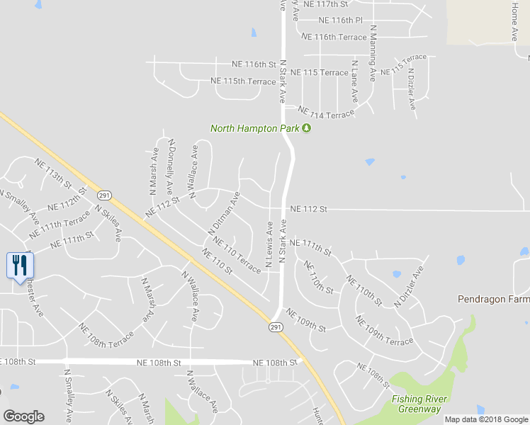 map of restaurants, bars, coffee shops, grocery stores, and more near 11132 North Lewis Avenue in Kansas City