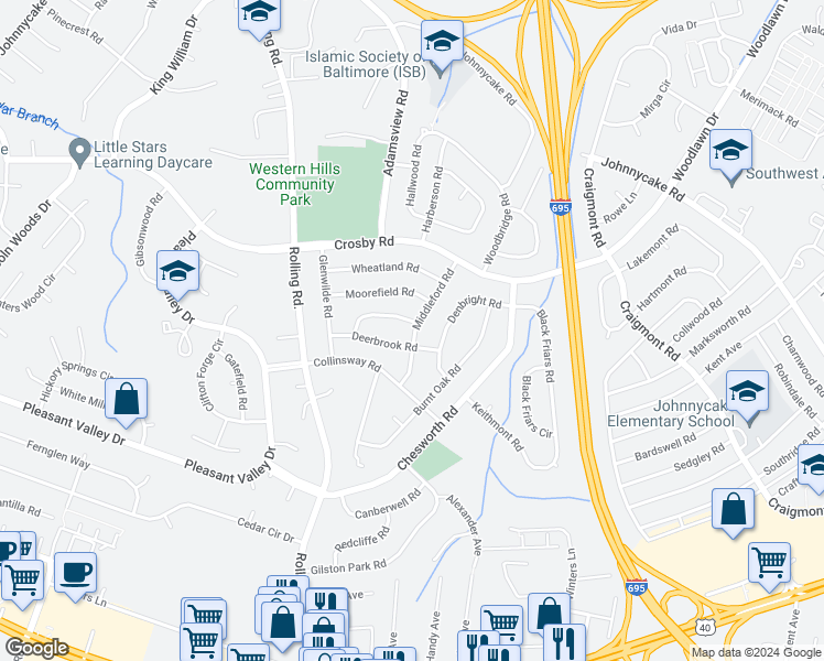 map of restaurants, bars, coffee shops, grocery stores, and more near 1314 Middleford Road in Catonsville