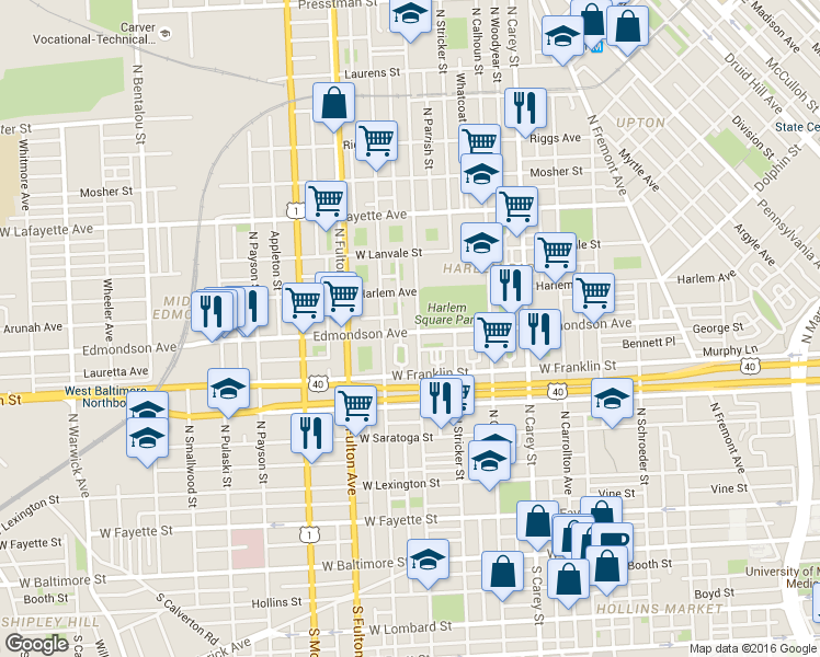 map of restaurants, bars, coffee shops, grocery stores, and more near 600 North Gilmor Street in Baltimore