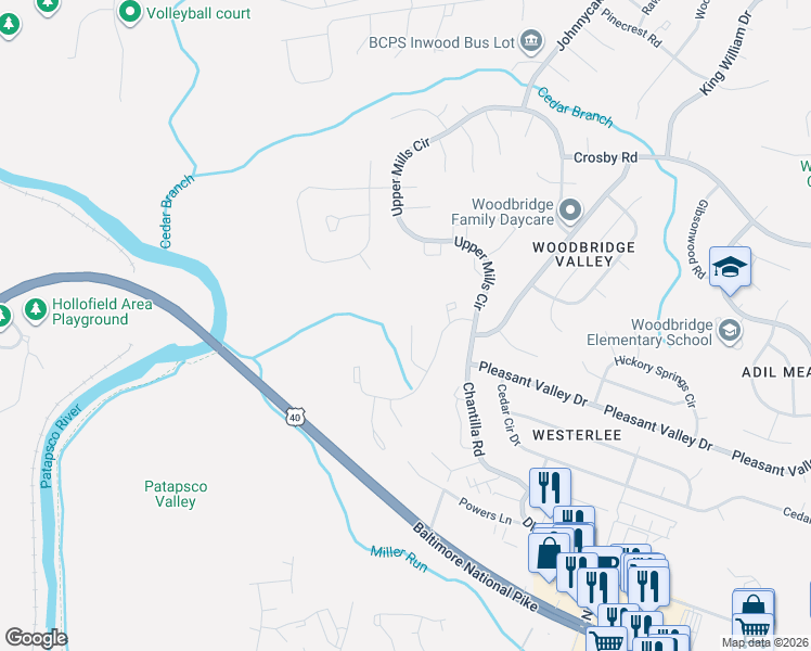map of restaurants, bars, coffee shops, grocery stores, and more near 52 Oak Shadows Court in Catonsville