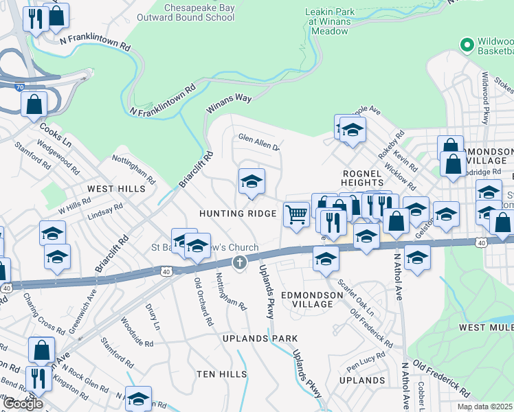 map of restaurants, bars, coffee shops, grocery stores, and more near 605 Dryden Drive in Baltimore