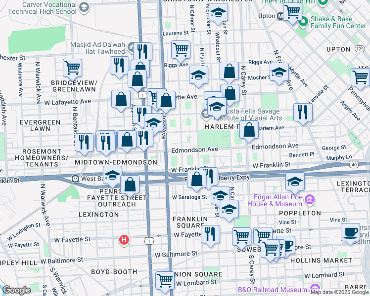 map of restaurants, bars, coffee shops, grocery stores, and more near 1622 Edmondson Avenue in Baltimore