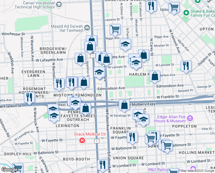 map of restaurants, bars, coffee shops, grocery stores, and more near 617 North Fulton Avenue in Baltimore