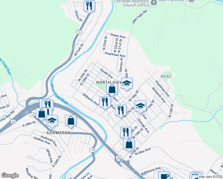 map of restaurants, bars, coffee shops, grocery stores, and more near 1309 N 21st St in Clarksburg