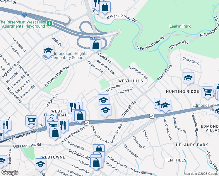 map of restaurants, bars, coffee shops, grocery stores, and more near 5014 West Hills Road in Baltimore