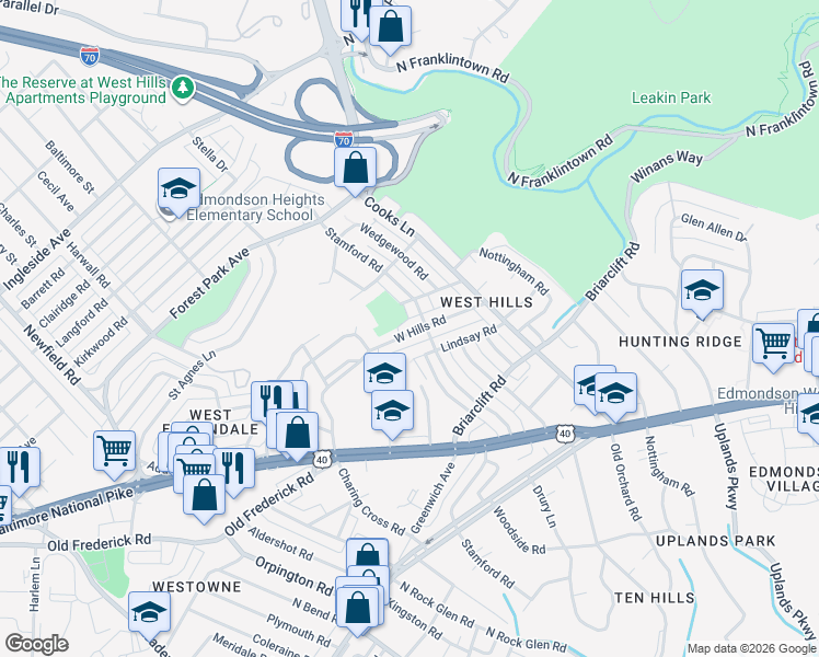 map of restaurants, bars, coffee shops, grocery stores, and more near 5012 West Hills Road in Baltimore